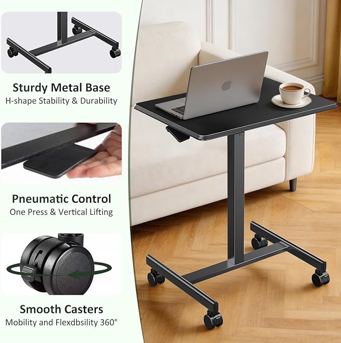 Adjustable Mobile Standing Desk Rolling Sit-Stand Laptop Desk with Locking Wheels Compact Portable Computer Table for Home Office or Dorm Black