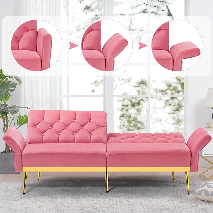 Velvet Futon Sofa Bed w/Adjustable Armrests &amp Backrests Button Tufted Sleeper Couch Modern Convertible Loveseat Sofa for Bedroom Living Room Apartment Pink