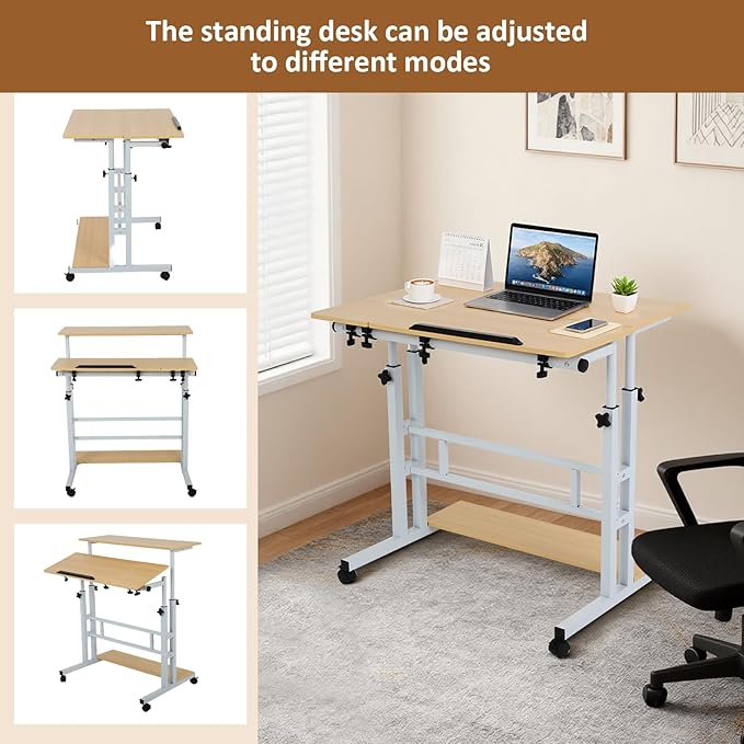 FAHKNS Small Standing Desk Adjustable Height Portable Standing Desk with Wheels Mobile Stand Up Desk for Home Reading Desk and Office Work