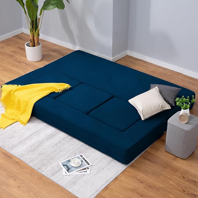 Mjkone Queen Convertible Velvet Futon Sofa Bed with 3 Ottomans Memory Foam Fold Out Couch Bed Foldable Floor Sofa Guest Sleeper for Living Room Blue