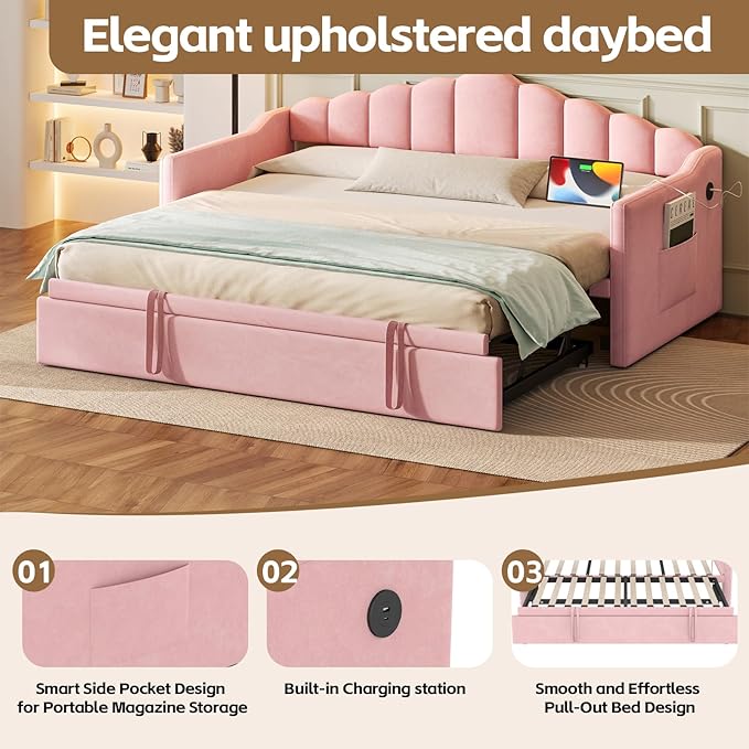 Bellemave Upholstered Twin Daybed with Pop Up Trundle USB &amp Type-C Charging Ports 2 Side Pockets No Box Spring Needed Velvet Modern Day Bed Frame (Pink)