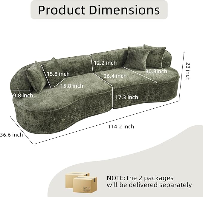 114 Curved Sectional Sofa Couch4 Seater Oversized Boneless Cloud Couch with 4 Throw PillowsModern Comfy Chenille Memory Foam Sofa Deep Seat Couches for Living Room (Green 114.2 Inch)