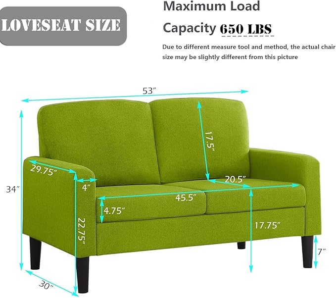 Flesser Loveseat Sofa 53 Green Small Couch for Small Sapces 2 Seater Love Seat Comfy Linen Fabric Office CouchAll-Wood Couches for Bedroom Dorm Apartment with High Legs