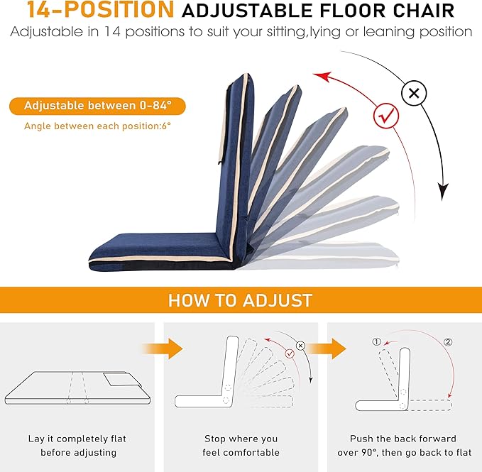 14-Position Adjustable Floor Chair with Back Support - Portable Gound Seating for Adults &amp Kids Foldable Meditation Chair with Japanese KOYO Bearings &amp Washable Linen Cover (Blue)