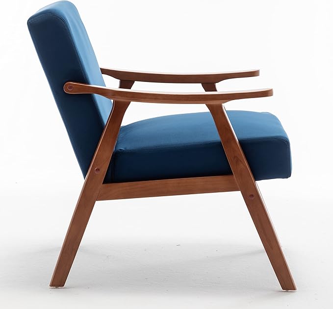 Mid Century Modern Accent Chair with Wood Frame Upholstered Living Room Chairs with Waist Cushion Reading Armchair for Bedroom Sunroom Lounge Chair Indoor Office Family (Blue)