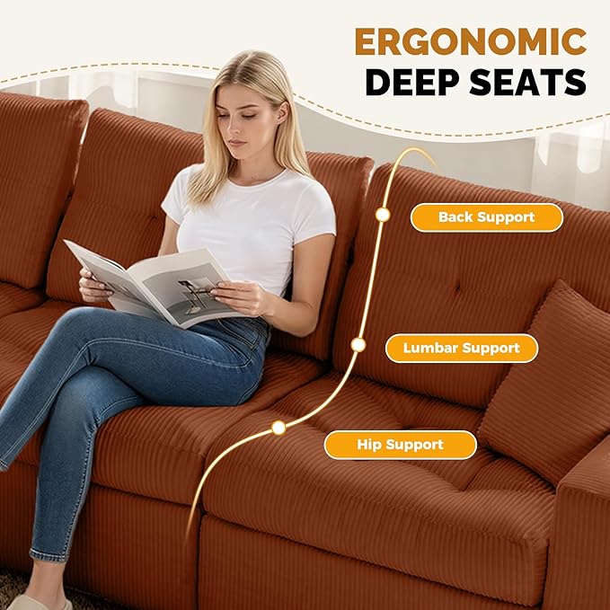 113 Modular Sectional Sofa for Living Room Convertible L-Shape Couch with OttomanCloud Boneless Couch with Layered CushionReddish Brown Corduroy