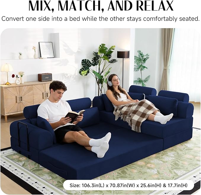 106 L-Shaped Modular Boneless Couch 2-Piece System (2×70.87) Convertible Sectional to 141.7 Straight Sofa Corduroy Couch in a Box Headrest &amp Back Pillows for Living Room Navy Blue