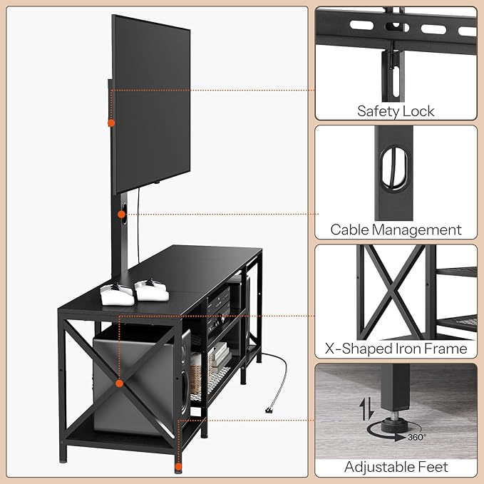 HOOBRO TV Stand with Mount and Power Outlet LED Entertainment Center with Swivel TV Mount for 32/45/55/60/65/70/75 inch TVs TV Cabinet with 3-Tier Storage for Living Room Bedroom Black BB46UDDS01