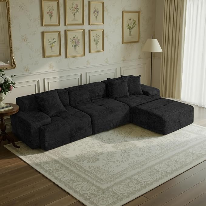 117 Modular Sectional Sofa Couch Chenille Upholstered Boneless Couch Oversized L-Shaped Cloud Sectional Couch with Ottoman &amp Deep Seating No Assembly Black