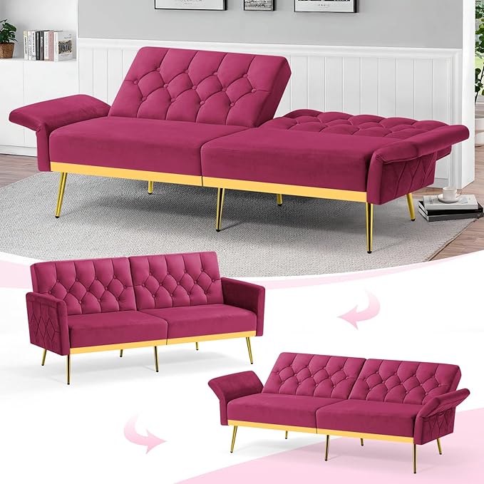 Velvet Sofa Bed w/Adjustable Armrests and Backrests Modern Convertible Sleeper Sofa Tufted Futon Sofa for Bedroom Living Room Apartment Fuchsia