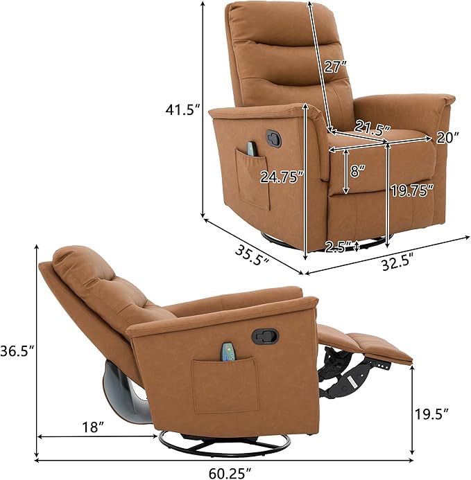 Manual Recliner Chair with Two Adjustable Positions Rocking and Swivel Recliner Rocking Recliner Massage Recliner with 8-Point Massage Function and Adjustable Backrest for Living Room (Brown15)