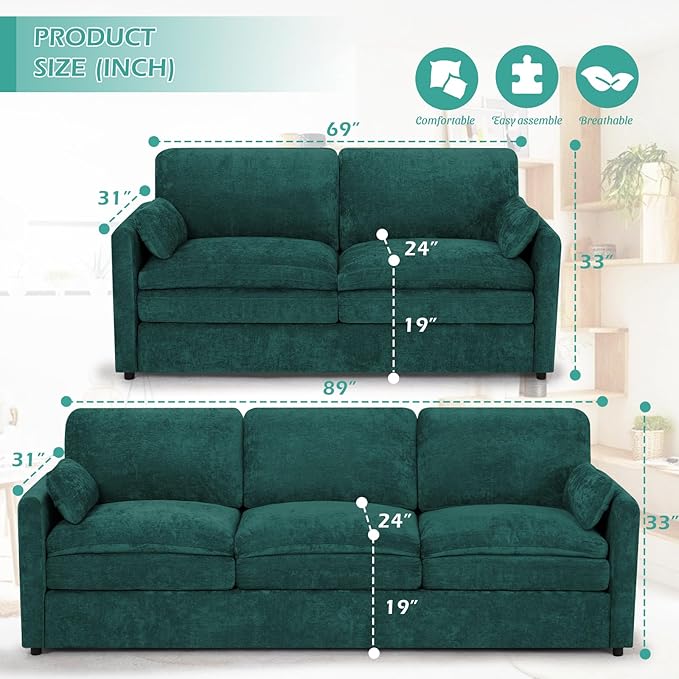 2 Pieces Chenille Sofa Set w/Arm Pillows Upholstered Loveseat &amp 3 Seater Sofa w/Comfortable Back Cushions Modern 2-Seat &amp 3-Seat w/High-Density Foam for Living Room Apartment Teal