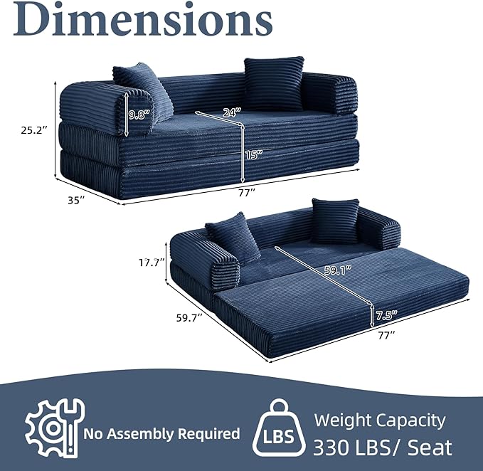 78 Inch Convertible Folding Sleeper Sofa Bed Fold Out Floor Sofa Couch with Fixed-Shape Frame Cloud Corduroy Foldable Mattress Couch for Living Room Bedroom (Blue)
