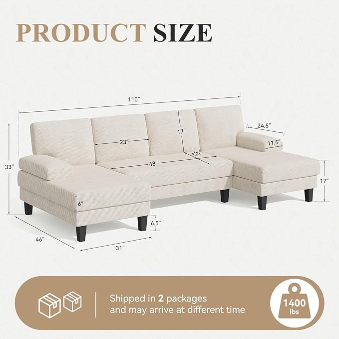 110 U-Shaped Sectional Sofa Couch for Living RoomModern Modular Sofa with Double ChaiseClassic Lounge Couch Sleeper for Apartment Beige Corduroy