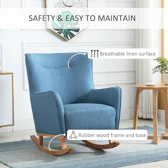 HOMCOM Modern Rocking Chair Sofa Armchair Modern Accent Chair with Thick Padding Winged Back for Living Room or Bedroom Blue