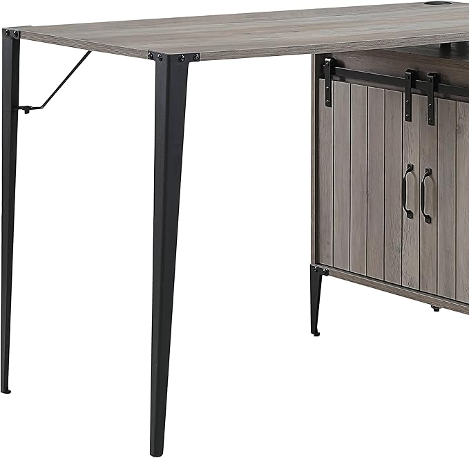 Zakwani 48 Gray Oak &amp Black Finish L-Shape Writing Desk Modern Home Office Desk with Sliding Barn Door