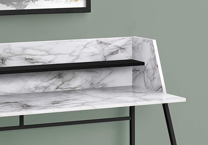 Penau Computer Desk for Home Office Contemporary Design 48l White Marble Look Laminate with Black Metal Base