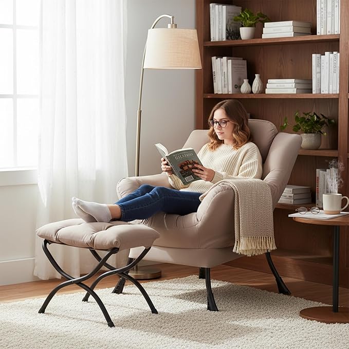 Welnow Lazy Chair with Ottoman Modern Reading Accent Chair with Armrests and a Side Pocket Leisure Upholstered Lazy Sofa Set with Footrest for Small Space Khaki