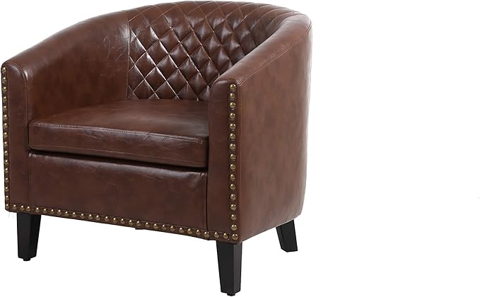 Accent Barrel Chair Living Room Chair with Nailheads and Solid Wood Legs Brown pu Leather