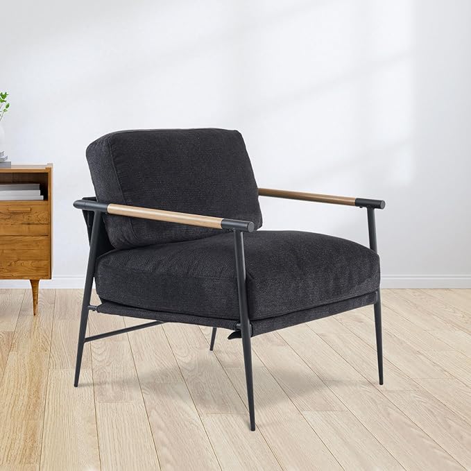 Accent Chair Set of 2Mid Century Modern Armchair for Living RoomBedroomOfficeLounge Comfy Chenille Upholstered Soft Removable Washable Cushions and PillowsMetal Wood-Grain Armrest Legs2PCSBlack