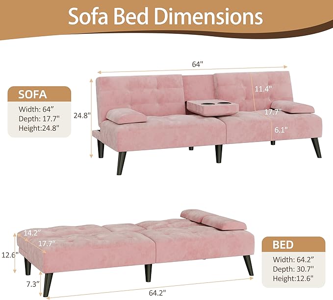 JAMFLY Futon Sofa Bed 64 Small Futon Couch with Adjustable Backrest 3-Angle Recliner Detachable Armrests with Cup Holders for Small Spaces Living Room Office Apartment Study Room (Pink)
