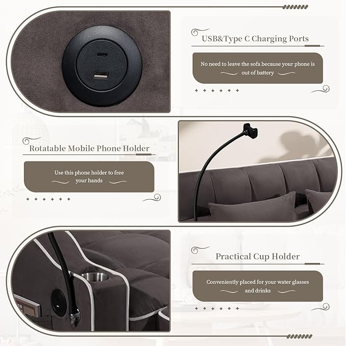 JEEOEHY 3 in 1 Convertible Sleeper Sofa BedVelvet Pull Out Couch Bed w USB&ampType C PortComfy Futon Loveseat with Adjustable Backrest&ampPhone Holder for Living Room Apartment Small Space(Brown)