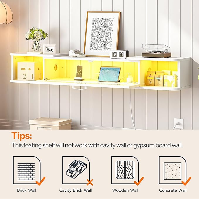 HOOBRO Floating TV Stand with LED Light Power Outlet for up to 65” Wall Mounted TV Shelf Modern Media Console Entertainment Center for Living Room Bedroom White WT34UDDS01G1