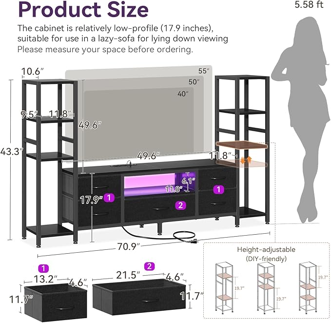 Casaottima TV Stand for 40/50/55 Inch TV Low-Profile Entertainment Center with LED Lights &amp Power Outlets TV Stand with Drawers &amp Open Shelves for Storage for Small Spaces/Living Room/Gaming