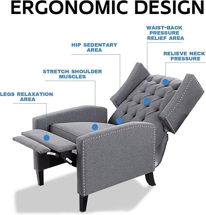 Grey Mid Century Modern Recliner Wingback Accent Chair with Push Back Mechanism Button Tufted Fabric Sofa &amp Nailhead Trim - Comfy Living Room Seating for Home Theater Office