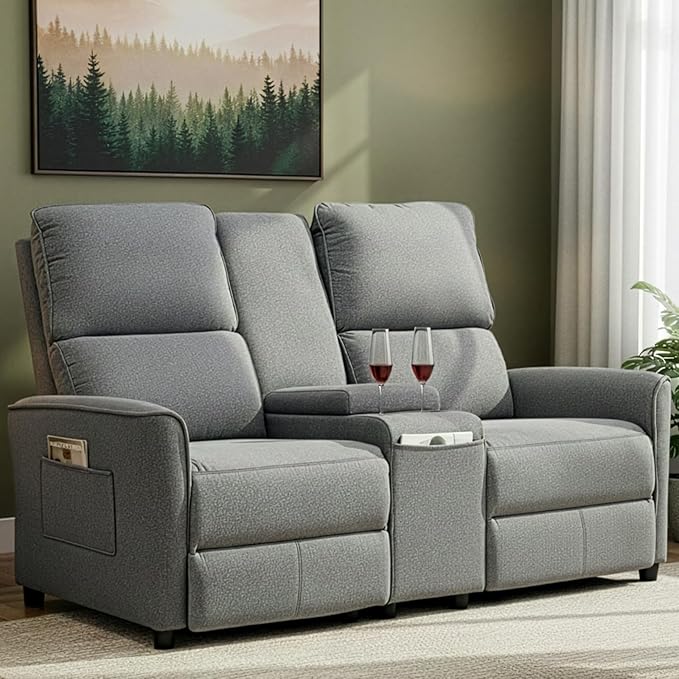 MANBUR Push-Back Reclining Loveseat with Console Loveseat Reclining Sofa Home Theater Seating RV Recliner Sofa Recliners Double Recliner Couch with Storage Pockets &amp Cup Holders Gray