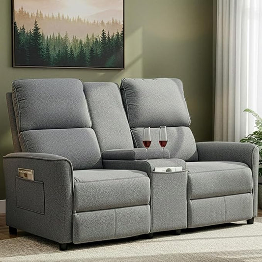 MANBUR Push-Back Reclining Loveseat with Console Loveseat Reclining Sofa Home Theater Seating RV Recliner Sofa Recliners Double Recliner Couch with Storage Pockets &amp Cup Holders Gray