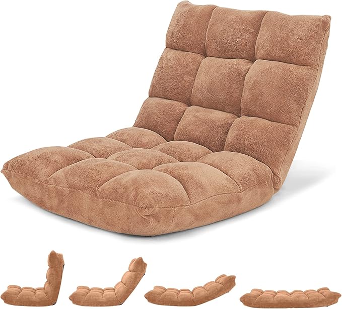 Giantex Folding Floor Chair with Back Support 14 Adjustable Position Padded Sleeper Bed Couch Recliner Gaming Floor Chairs for Adults Meditation Living Room (TAN)