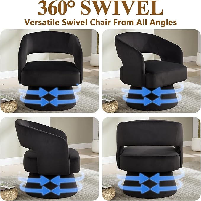 Swivel Accent Chair with Arms for Living Room Swivel Barrel Chairs with Backet for Small Space Velvet Round Chair for Bedroom (Black)