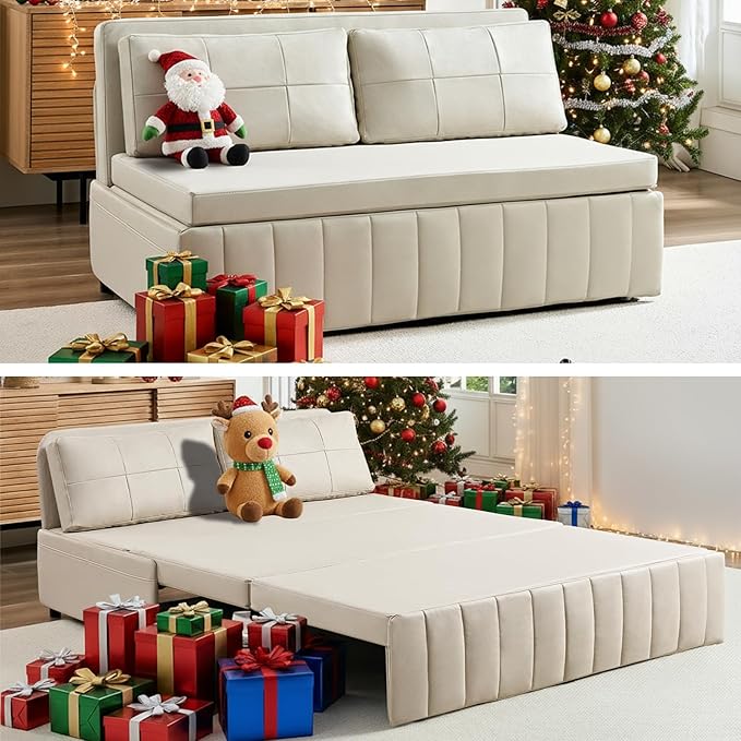 ijuicy 3 in 1 Queen Size Pull Out Sofa Bed Leathaire Sleeper Sofa with Pullout Bed Convertible Loveseat Couch with Pillows and Tri-fold Mattress for Small Spaces Apartment Beige