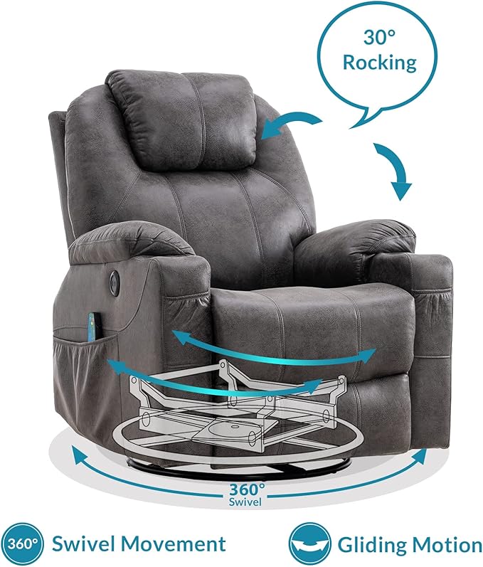 Manual Swivel Glider Rocker Recliner Chair with Massage and Heat 2 USB Ports 2 Cup Holders 2 Side Pockets and 2 Front Pockets Bronze Suede Fabric (Grey)