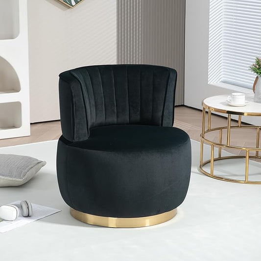 360° Swivel Barrel Accent Chair Black Round Club Arm Chair with Metal Base Modern Single Sofa Seating Velvet Reading Seat in for Living Room Bedroom Office (Black)