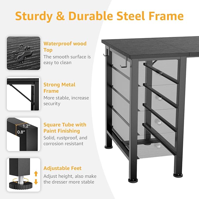 DLisiting Black Gaming Desk with Fabric Drawers on Both Sides 55 Inch Home Office Computer Study Writing Work PC Desk with 8 Storage Drawers Storage for Bedroom