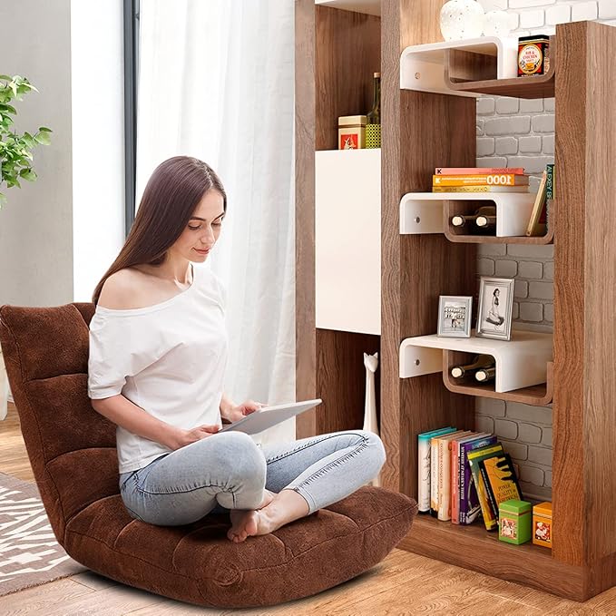 KOMFOTT 14-Position Adjustable Floor Chair With Back Support Folding Padded Gaming Sofa for Reading Meditation Living Room Lazy Lounge Video Gaming - Coffee