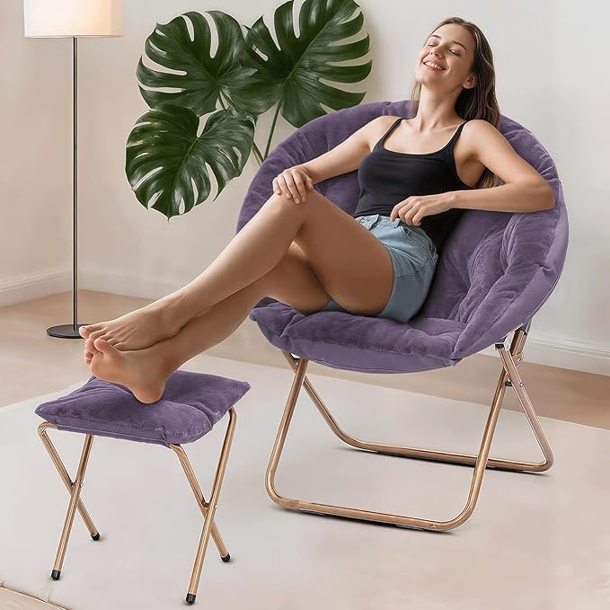 Cozy Saucer Chair Living Room Chair Faux Fur Soft Thick Padded Folding Chair Comfortable Moon Chair for Living Room Bedroom Reading Nook Modern Style 2 Pack Purple