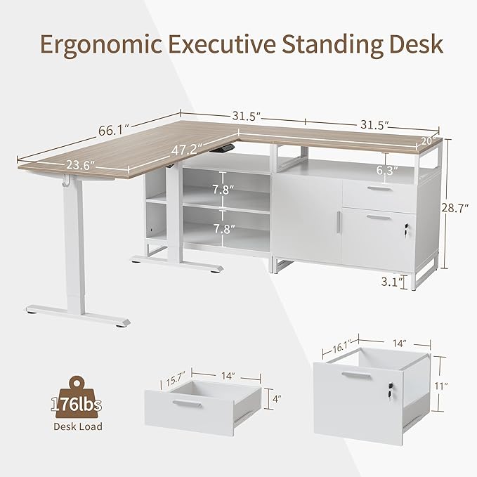 FEZIBO L Shaped Executive Standing Desk with File Cabinet &amp Shelves Electric Height Adjustable Light Walnut