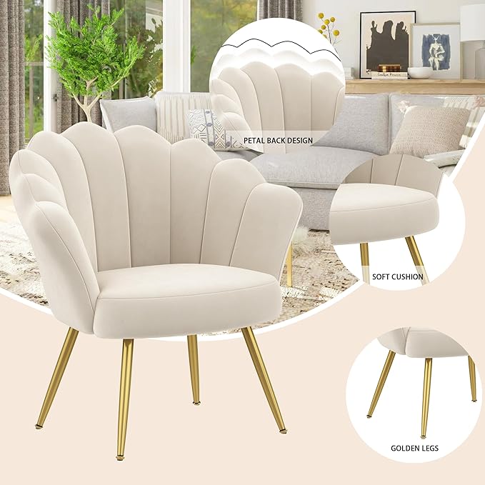 Alunaune Mid Century Velvet Living Room Chair Set of 2 Upholstered Vanity Accent for Makeup Room Modern Barrel Arm Guest Leisure Comfy for Bedroom-Ivory