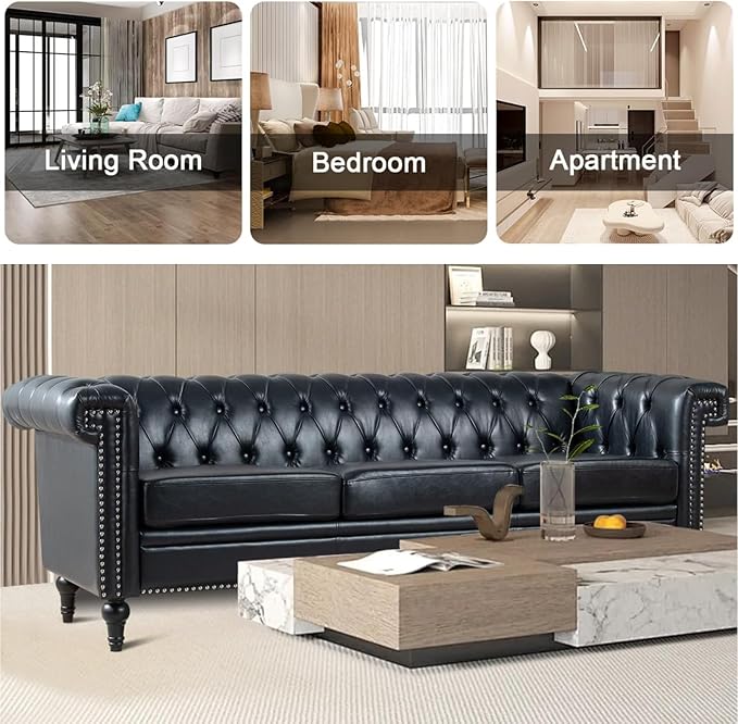 PU Leather Chesterfield Sofa 84'' Modern 3 Seater Couch Furniture with Square Arms and Wood Legs for Living Room Bedroom Apartment(Black)