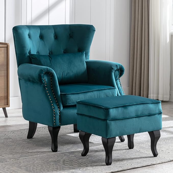 Mid Century Modern Accent Chair Upholstered Armchair Comfy Velvet Tufted Wingback Single Sofa with Ottoman for Bedroom Living Room Teal