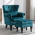 Mid Century Modern Accent Chair Upholstered Armchair Comfy Velvet Tufted Wingback Single Sofa with Ottoman for Bedroom Living Room Teal