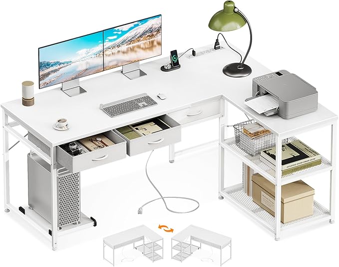 Casaottima L Shaped Desk Reversible Computer Desk with 3 Fabric Drawers 53 Corner Desk with Power Outlets&ampStorage Shelves White Desk with Movable CPU Stand Desk for Home Office