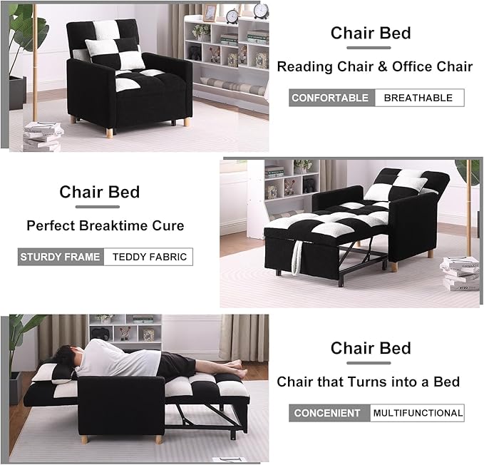 3-in-1 Convertible Chair Bed Single Sofa Bed Pull Out Sleeper with Adjustable Backrest Lounger for Living Room (Black White)