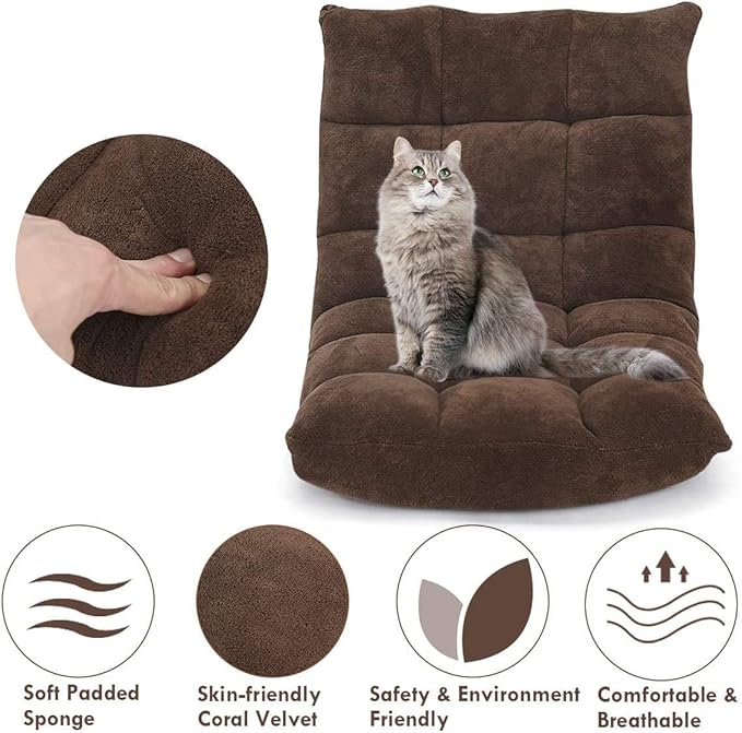S AFSTAR Cushioned Floor Chair 14-Position Adjustable Padded Lazy Recliner with Comfortable Back Support and Skin-Friendly Cover Great for Reading Playing Game Meditating (Dark Coffee)