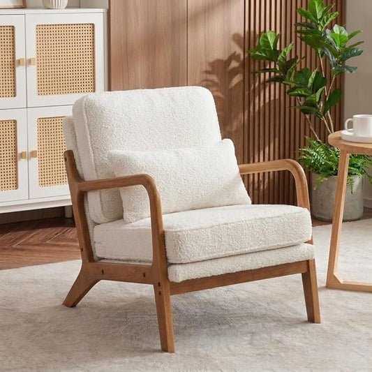Mid-Century Modern Accent Chair Lounge Reading Armchair with Comfy Cushion &amp Lumbar Pillow &amp Solid Wood Frame for Living RoomBedroomGuest RoomSherpa FabricCreamWhite