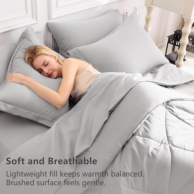 CozyLux Queen Comforter Set French Grey - Bed in a Bag Queen Size 7 Pieces Luxury Soft Bed Set for All Seasons Bedding Set with Down Alternative Comforter Sheets Pillowcases &amp Shams