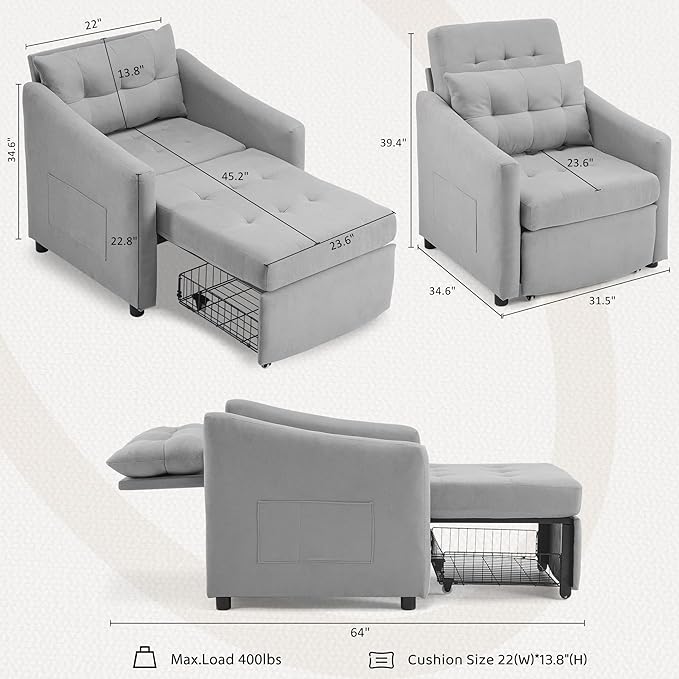 Bezseller Convertible Sofa Bed Chair 3-in-1 Sleeper Chair with Storage Drawer Pull Out Couch with Side Pocket Pillow and Adjustable Backrest for Small Spaces Living Room Light Grey